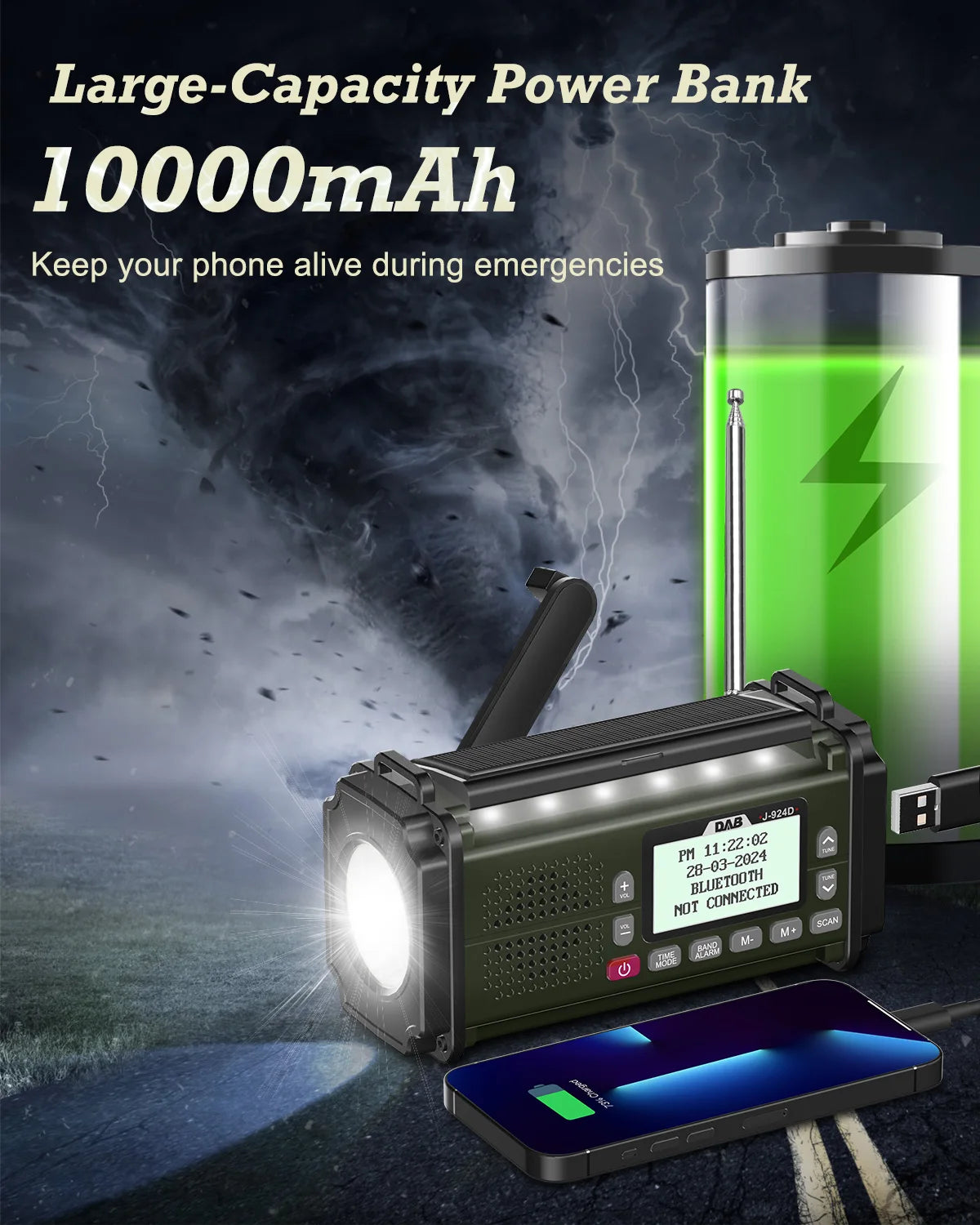 DAB+ Radios FM Bluetooth-Lautsprecher 10000mAh Powerbank Notfallradio Tragbares Solarradio Empfänger Kurbel USB-C-Ladung LED