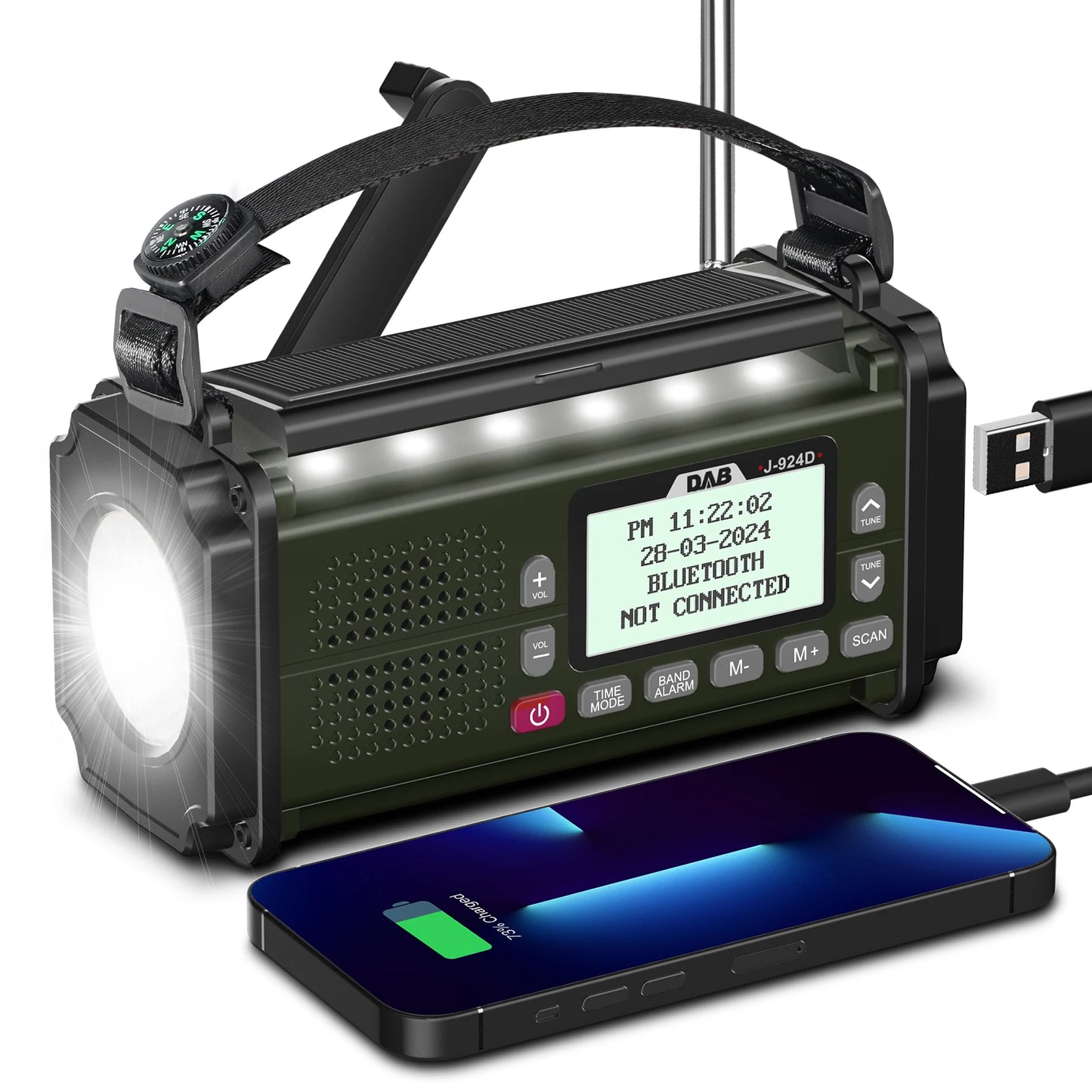 DAB+ Radios FM Bluetooth-Lautsprecher 10000mAh Powerbank Notfallradio Tragbares Solarradio Empfänger Kurbel USB-C-Ladung LED