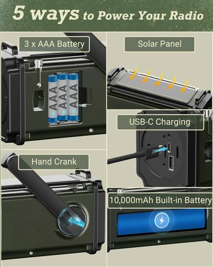 DAB+ Radios FM Bluetooth-Lautsprecher 10000mAh Powerbank Notfallradio Tragbares Solarradio Empfänger Kurbel USB-C-Ladung LED