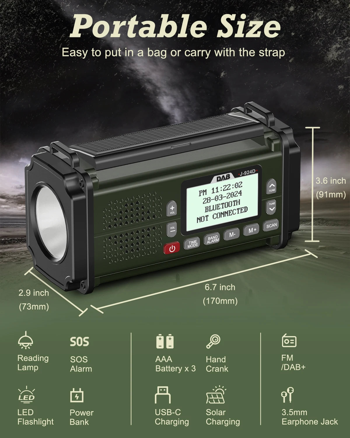 DAB+ Radios FM Bluetooth-Lautsprecher 10000mAh Powerbank Notfallradio Tragbares Solarradio Empfänger Kurbel USB-C-Ladung LED