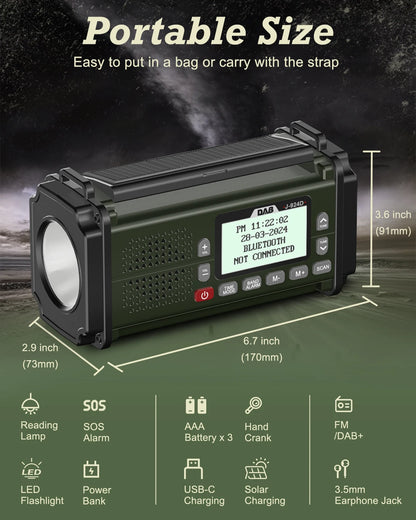 DAB+ Radios FM Bluetooth-Lautsprecher 10000mAh Powerbank Notfallradio Tragbares Solarradio Empfänger Kurbel USB-C-Ladung LED